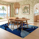 ODIKA Blue Tropical Monstera Leaf Washable Area Rug - Non-Slip Low Pile