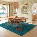 ODIKA Tropical Teal Botanical Washable Area Rug - Low Pile & Non-Slip Floral Decor
