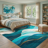 Washable Modern Abstract Teal & Gold Wave Area Rug - Low Pile, Non-Slip