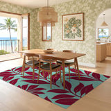 ODIKA Washable Botanical Leaf Area Rug - Red & Mint Low Pile Non-Slip Floor Mat