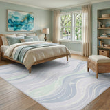 Blue and Teal Blue Wave Coastal Washable Area Rug