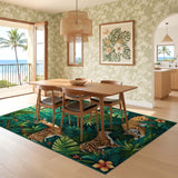 ODIKA Jungle Wildlife Washable Area Rug - Green Tropical Forest Tiger & Deer Low Pile