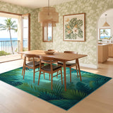 ODIKA Tropical Palm Leaf Washable Area Rug - Low Pile Non-Slip Botanical Teal Decor