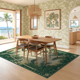 ODIKA Washable Tropical Palm Leaf Vintage Green Area Rug - Low Pile Non-Slip