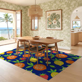 ODIKA Vibrant Tropical Fruit Washable Area Rug - Navy Blue Low Pile Non-Slip Carpet