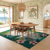 ODIKA Vintage Tropical Hibiscus Washable Rug - Low Pile Non-Slip Floral Area Rug