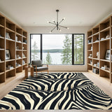 Cream Black Zebra Curving Stripes Rug