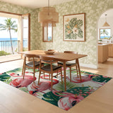 Washable Tropical Botanical Pink Flamingo Area Rug - Low Pile & Non-Slip