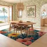ODIKA Tropical Hibiscus Floral Washable Rug - Low Pile Non-Slip Area Rug