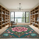 Grand Pink Peony Teal Floral Ornament Rug