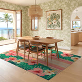 ODIKA Tropical Hibiscus Washable Area Rug - Pink Floral Palm Leaf Low Pile Rug