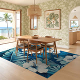 ODIKA Blue Tropical Hibiscus Floral Washable Low Pile Area Rug