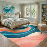 ODIKA Modern Abstract Coastal Waves Washable Rug - Low Pile Non-Slip Teal & Coral Art Decor