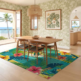 ODIKA Washable Tropical Palm & Hibiscus Floral Low Pile Area Rug