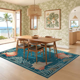 ODIKA Washable Coastal Seashell Area Rug - Teal Blue Non-Slip Low Pile Rug