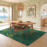 ODIKA Washable Tropical Gold Palm Leaf & Bird Area Rug, Low Pile Non-Slip Botanical Decor