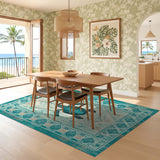 ODIKA Washable Sea Turtle Rug - Teal Coastal Tribal Geometric Low Pile Non-Slip Area Rug