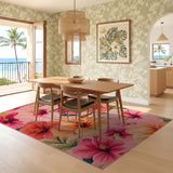 ODIKA Tropical Hibiscus Washable Area Rug - Pink & Orange Floral Low Pile