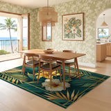 ODIKA Tropical Hibiscus Washable Rug - Green & Gold Palm Leaf Low Pile Area Rug