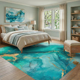 Blue and Teal Teal Gold Fluid Abstract Area Rug