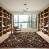 Ornate Copper and Blue Filigree Scroll Rug
