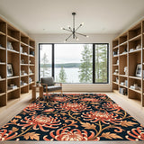 Coral Chrysanthemum Floral Scroll Rug