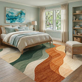 Washable Abstract Wavy Area Rug - Green & Earth Tones, Non-Slip Low Pile