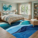 Abstract Area Blue and Teal Blue Teal Wave Abstract Area Rug