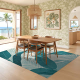ODIKA Teal Tropical Palm Washable Rug - Non-Slip Low Pile Area Rug