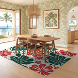 ODIKA Tropical Floral Red & Green Washable Area Rug - Low Pile Non-Slip Pet & Kid Friendly Carpet