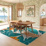ODIKA Washable Tropical Palm Leaf & Hibiscus Area Rug - Teal & Orange Non-Slip Low Pile