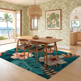 ODIKA Washable Tropical Floral Rug - Teal & Coral Hibiscus Monstera Low Pile Area Rug