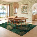 ODIKA Emerald Green and Gold Tropical Leaf Washable Rug - Low Pile Non-Slip Art Deco Area Carpet