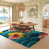 Washable Tropical Hibiscus Floral Area Rug - Teal Blue Ocean Wave, Low Pile & Non-Slip