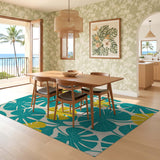 ODIKA Washable Teal & Yellow Botanical Leaf Area Rug - Low Pile Non-Slip Rug