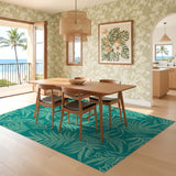 ODIKA Washable Teal Tropical Palm Leaf Area Rug, Non-Slip Low Pile Rug