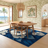 ODIKA Blue Hibiscus Floral Washable Area Rug - Low Pile Non-Slip Mat