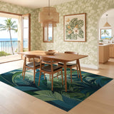 ODIKA Tropical Botanical Leaf Washable Area Rug - Teal & Green Non-Slip Low Pile Rug