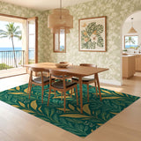 ODIKA Emerald Green and Gold Botanical Leaf Washable Area Rug - Low Pile & Non-Slip