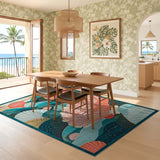 ODIKA Coastal Seashell Fan Pattern Washable Low Pile Area Rug - Teal & Coral Pink