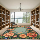 Vibrant Coral Floral Swirl Border Rug