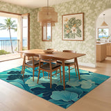 ODIKA Modern Teal Ginkgo Leaf Washable Rug - Low Pile Non-Slip Botanical Area Carpet