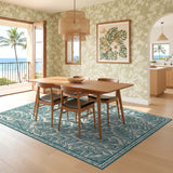 ODIKA Teal Botanical Washable Area Rug - Low Pile Non-Slip Pet & Kid Friendly