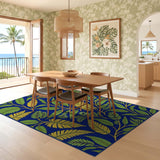 ODIKA Washable Navy Blue Tropical Leaf Area Rug - Low Pile Non-Slip Botanical Carpet