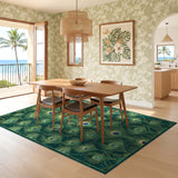 ODIKA Peacock Feather Pattern Washable Area Rug - Low Pile Non-Slip Emerald Rug
