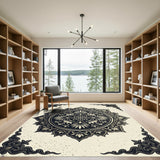 Ornamental Black White Floral Medallion Rug