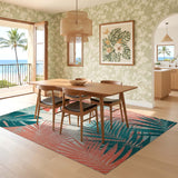ODIKA Washable Tropical Monstera Palm Leaf Area Rug - Teal & Coral Low Pile Non-Slip