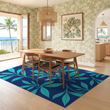ODIKA Washable Tropical Leaf Navy & Teal Area Rug, Low Pile Non-Slip