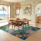 ODIKA Tropical Beach Washable Rug - Coastal Hibiscus & Palm Print Low Pile Non-Slip Area Rug