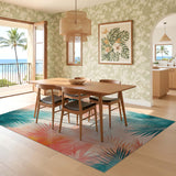 ODIKA Tropical Palm Leaf Washable Area Rug - Teal & Coral Abstract Low Pile Non-Slip Rug